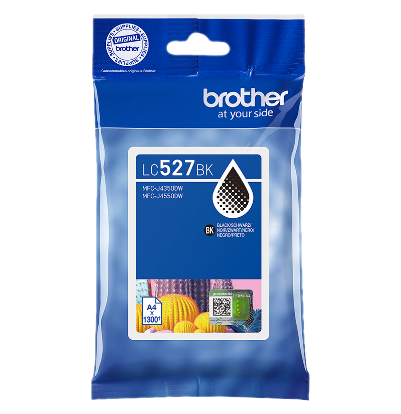 Brother LC527BK Tintenpatrone. Schwarze Tinte in einer blau-klaren Kunststoffverpackung. Text enthält Modellnummern und Spezifikationen.