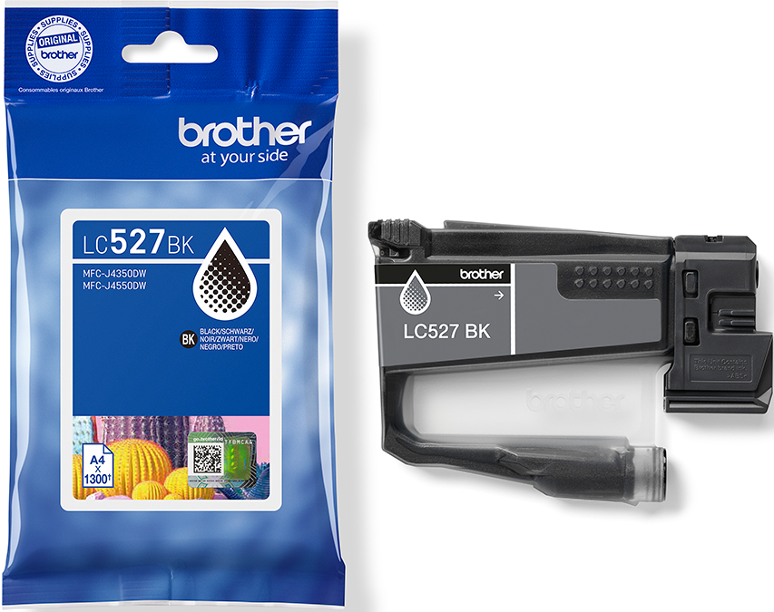 Brother LC527 BK Tintenpatrone und Verpackung. Die Patrone ist schwarz und grau. Die Verpackung ist blau mit weißem Text.
