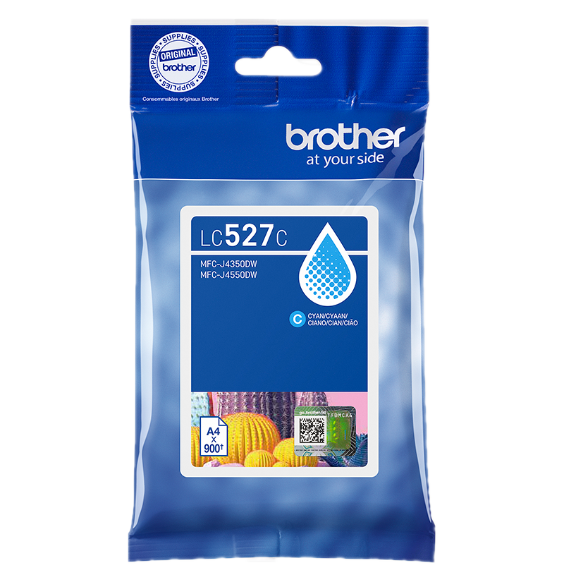 Brother LC527C Cyan-Tintenpatrone. Blaue Verpackung mit Produktdetails. Enthält das Brother-Logo und ein Tintentröpfchen-Symbol.