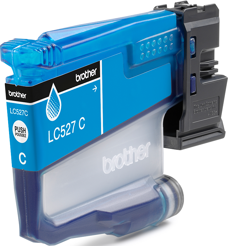 Eine Brother LC527C Cyan-Tintenpatrone. Sie ist blau und transparent, mit dem Brother-Logo und Produktdetails.