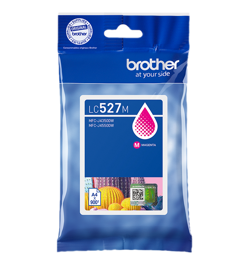 Brother LC527M Magenta-Tintenpatrone in einer blauen Verpackung. Enthält die Tintenpatrone und das Brother-Logo.