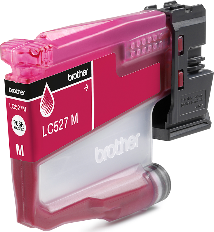 Eine magenta Brother LC527M Tintenpatrone mit Brother-Logo. Die Patrone hat einen transparenten Bereich zur Tintenstandanzeige.