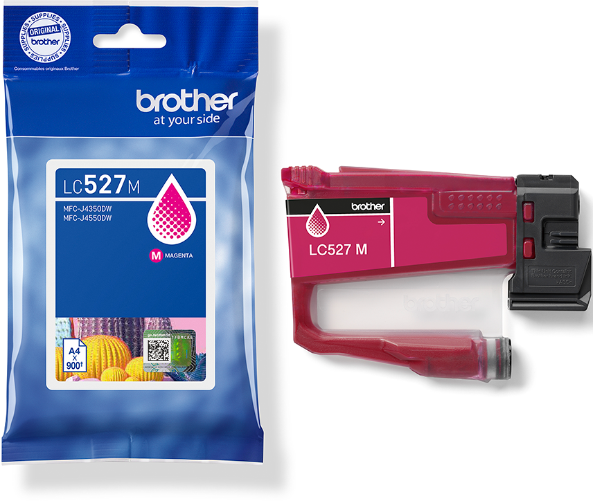 Eine Brother Magenta-Tintenpatrone und ihre Verpackung. Die Patrone ist rot. Die Verpackung ist blau mit dem Brother-Logo.