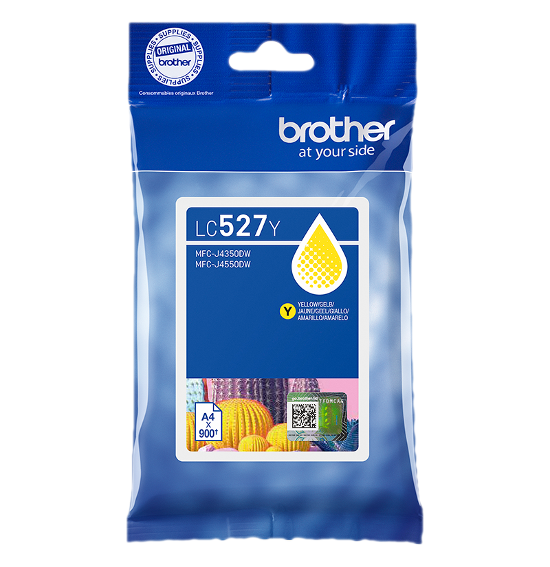 Eine Brother-Tintenpatronenverpackung. Sie ist blau mit einem weißen Etikett, das gelbe Tintendetails und Produktinformationen zeigt.