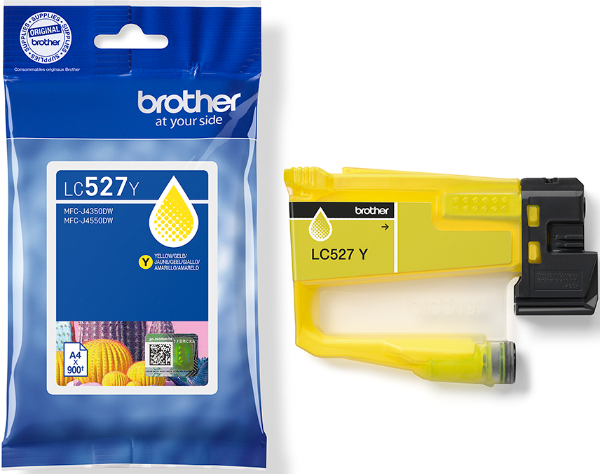 Eine gelbe Brother LC527Y Tintenpatrone und ihre Verpackung. Die Patrone ist gelb und schwarz, mit einem gelben Tropfensymbol.