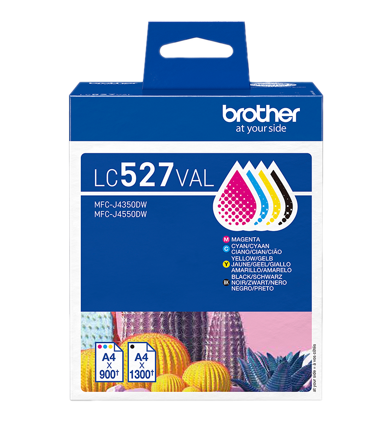 Eine Brother Tintenpatronenbox. Sie zeigt die Farben Magenta, Cyan, Gelb und Schwarz. Der Hintergrund zeigt Kakteen und eine blaue Pflanze.
