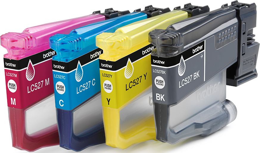 Vier Brother LC527 Tintenpatronen: Magenta, Cyan, Gelb und Schwarz. Jede hat eine andere Farbe, ein Etikett und das Wort 'PUSH'.