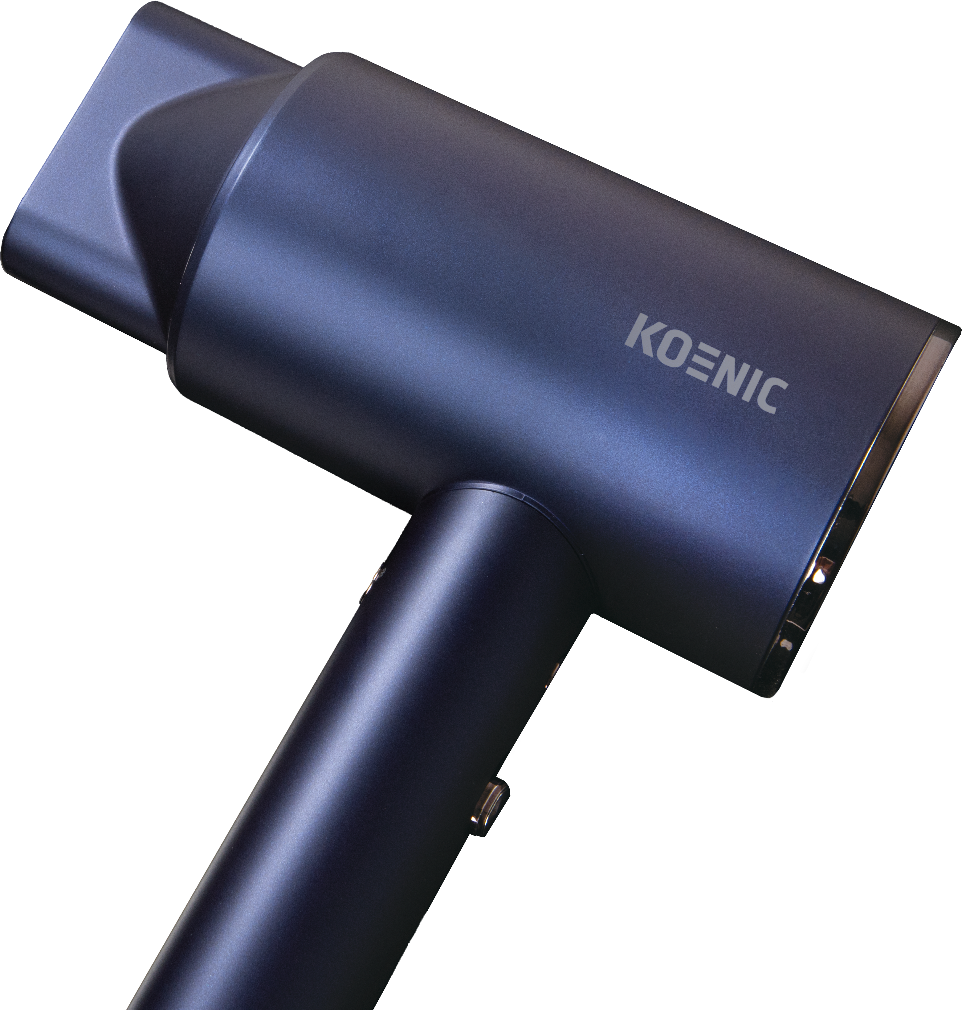 Ein blauer Haartrockner auf schwarzem Hintergrund. Der Markenname KOENIC ist auf der Seite aufgedruckt.