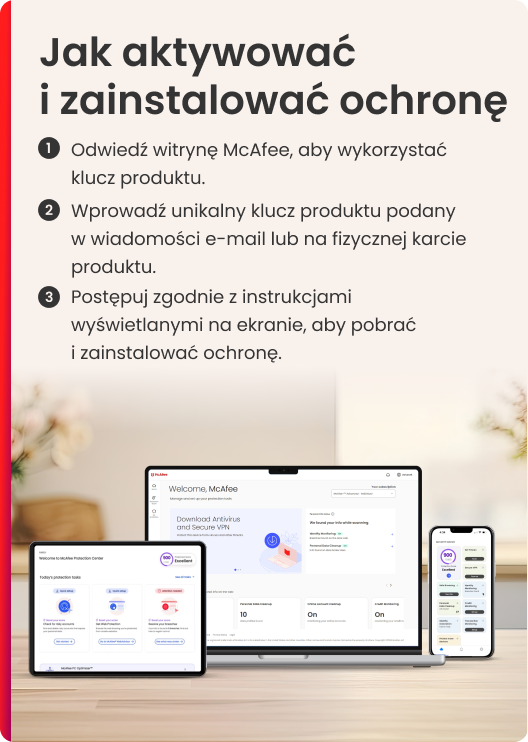 Obrazek pokazuje, jak aktywować i zainstalować McAfee na tablecie, laptopie i telefonie. Tekst jest również po polsku.