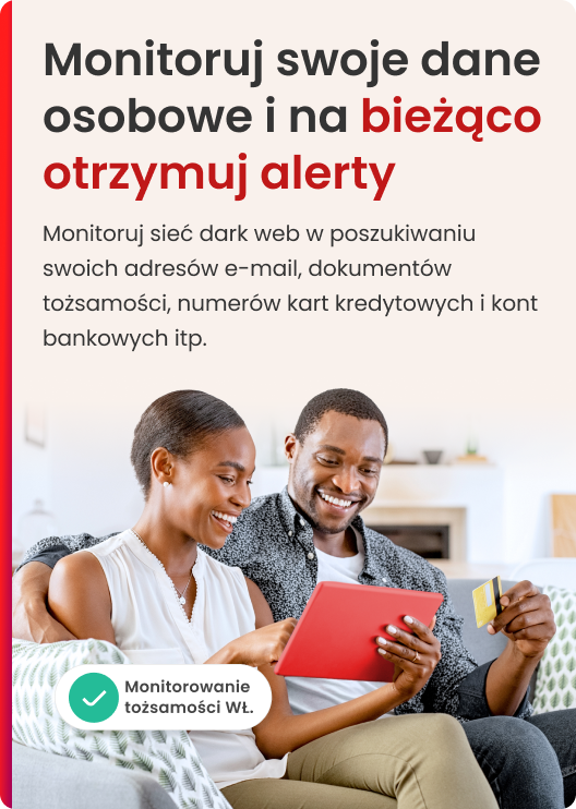 Para uśmiecha się, patrząc na tablet. Jedna osoba trzyma kartę kredytową. Tekst promuje monitorowanie danych.