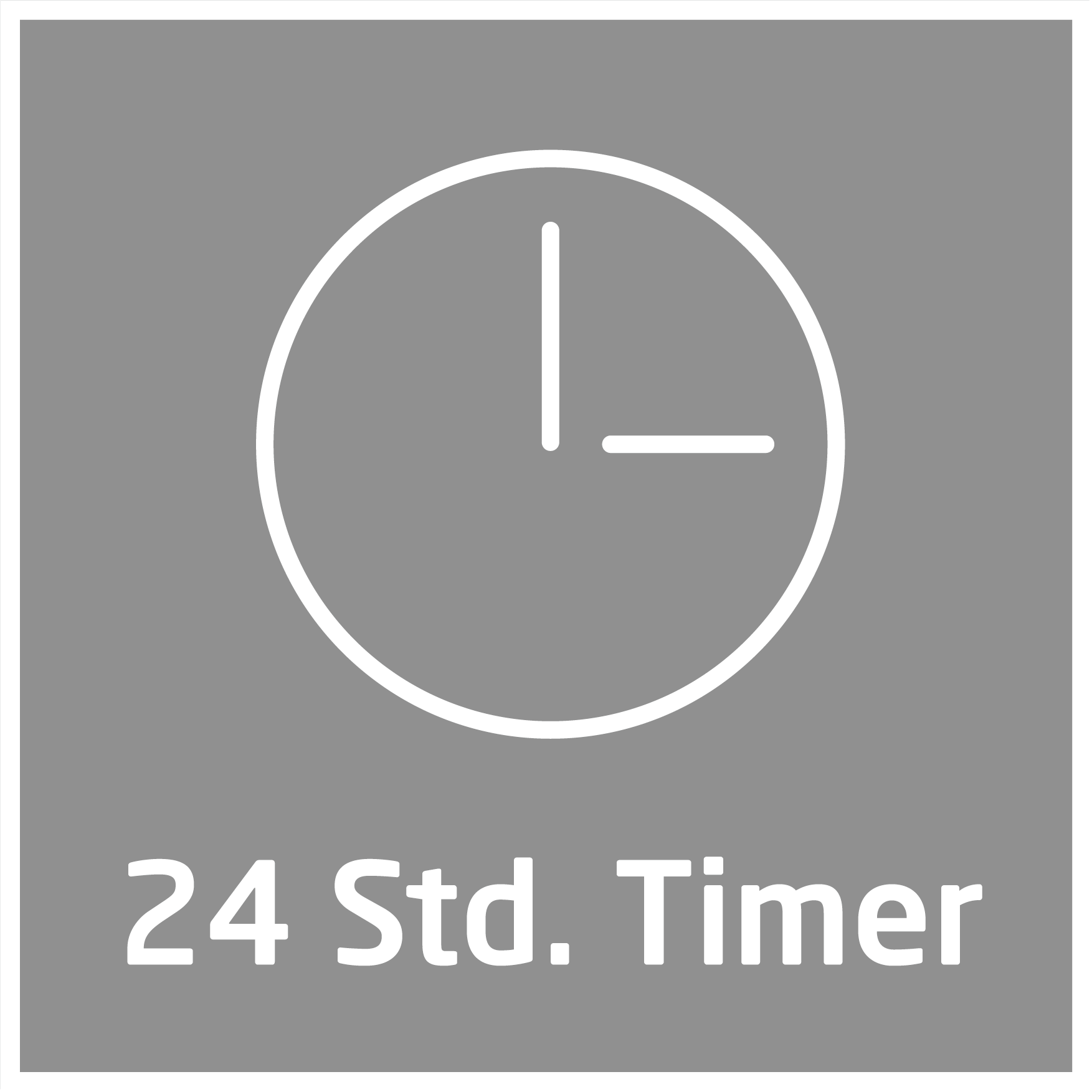 Graues Quadrat mit weißem Uhrsymbol, das 3 Uhr anzeigt. Darunter steht weißer Text: '24 Std. Timer'.