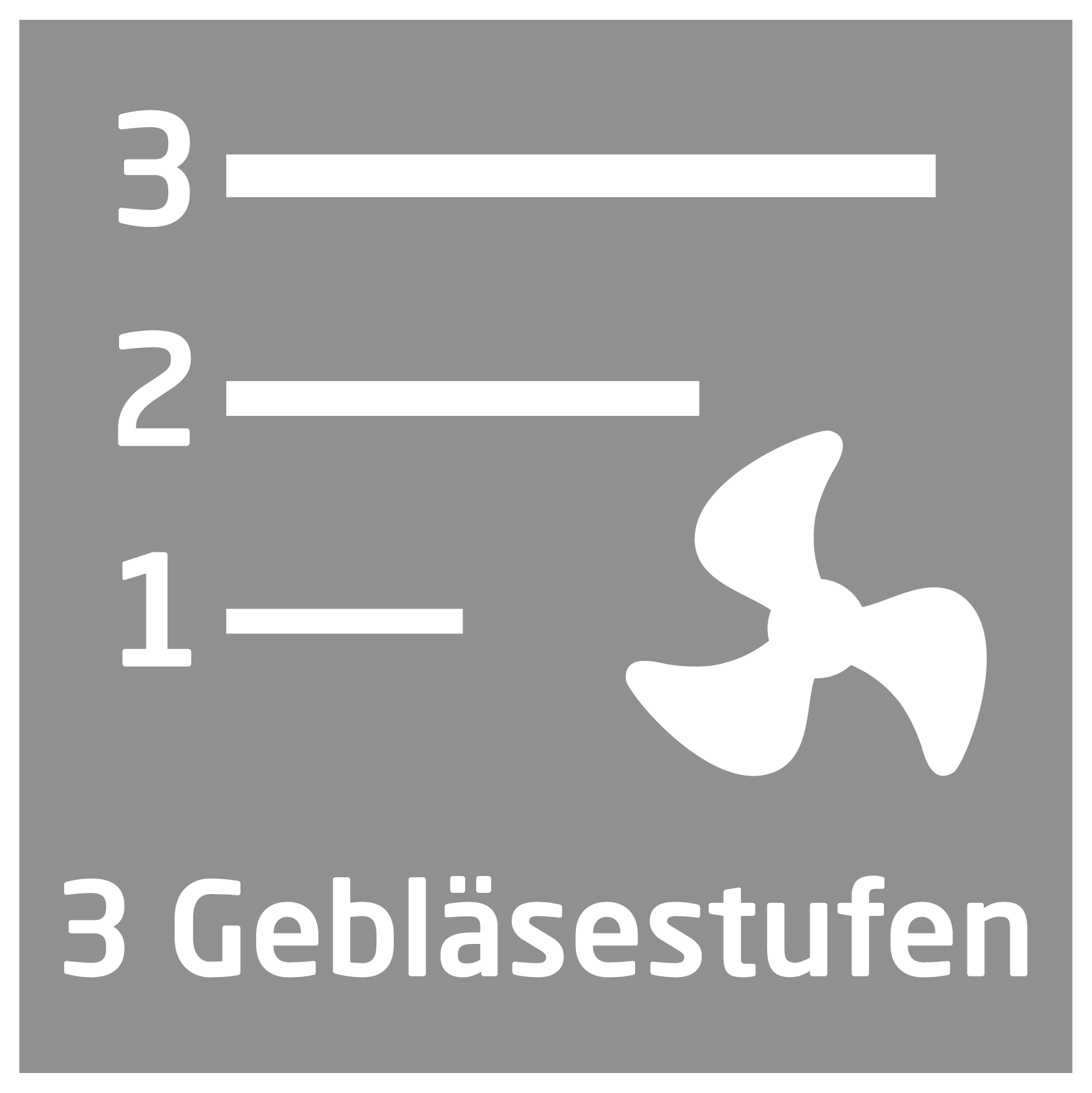Graues Quadrat mit weißem Lüftersymbol, Linien mit der Aufschrift 1, 2, 3 und Text '3 Gebläsestufen'.