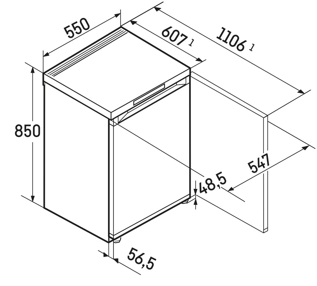 Diagramm eines Kühlschranks mit Maßangaben in Millimetern. Er ist weiß mit schwarzen Umrissen und Pfeilen.