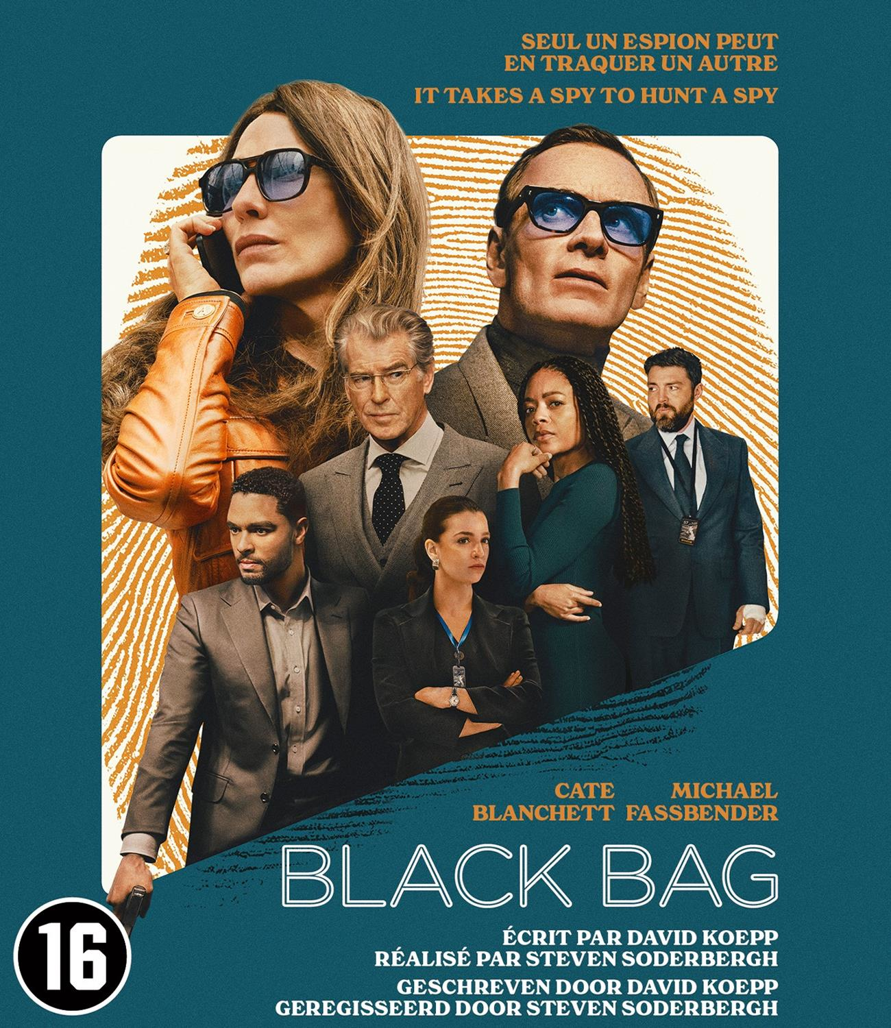 Affiche de film avec des acteurs, le titre 'Black Bag' et du texte en français et en anglais. Avec Cate Blanchett et Michael Fassbender.
