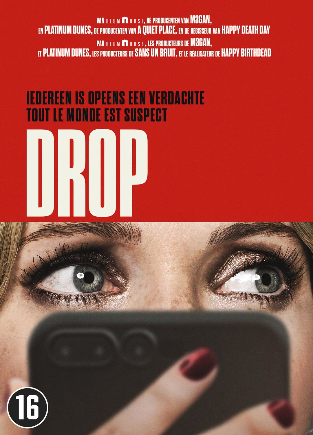 Affiche du film 'DROP'. Les yeux d'une femme regardent par-dessus un téléphone. Fond rouge avec texte blanc.