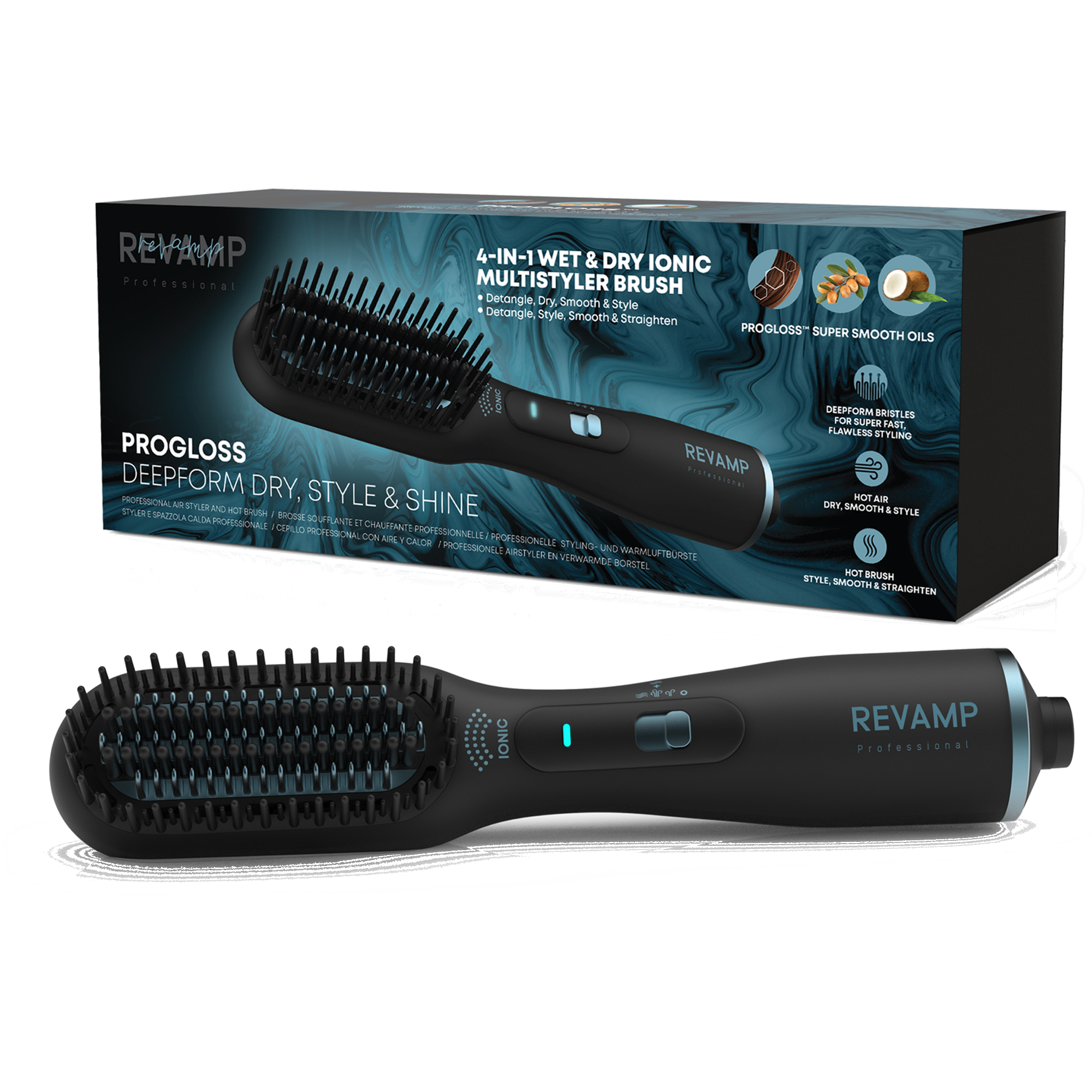 Czarna szczotka Revamp Progloss multistyler z pudełkiem pokazującym jej funkcje, w tym rozczesywanie i stylizację włosów.