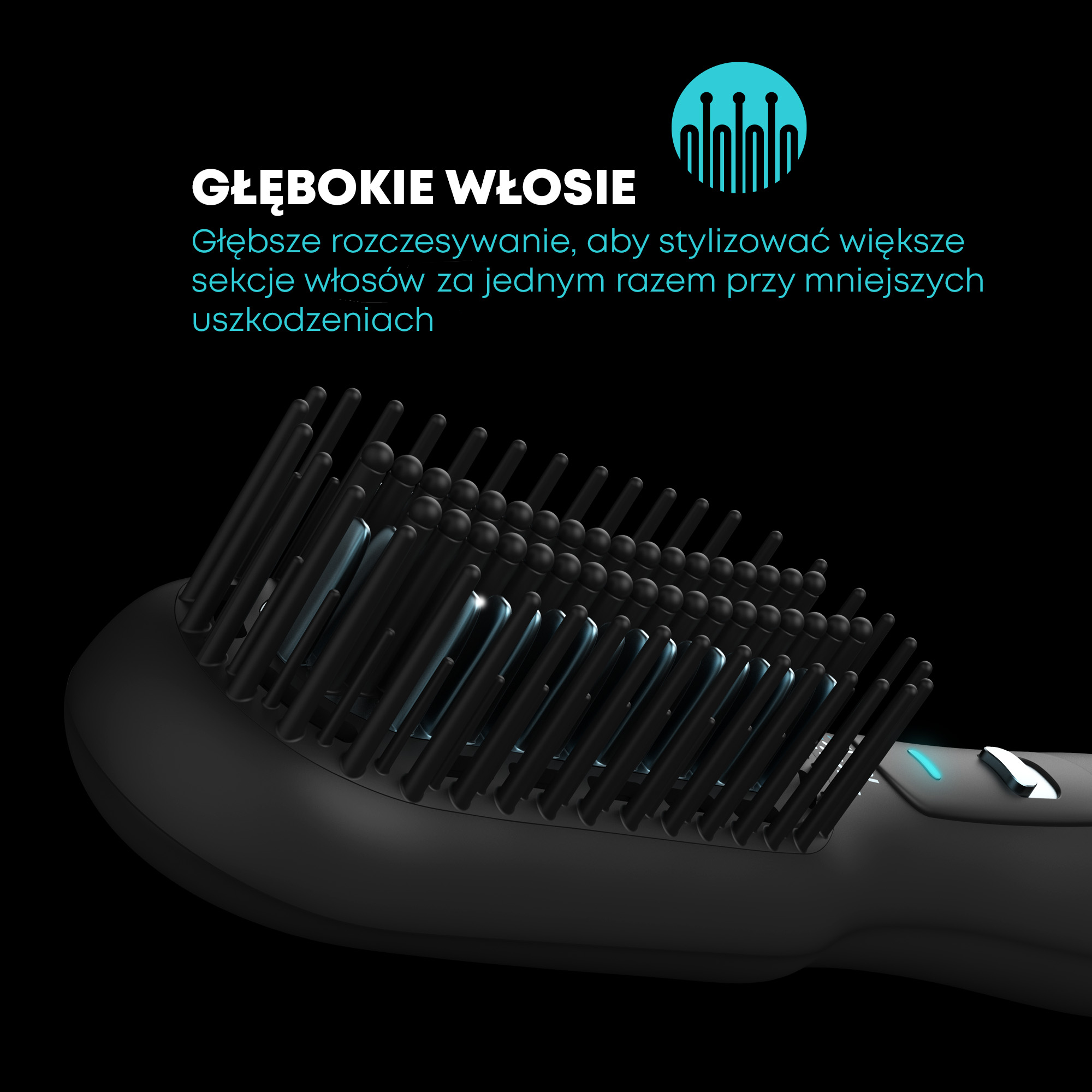 Czarna szczotka do stylizacji włosów. Szczotka ma czarne włosie. Tekst w języku polskim znajduje się po lewej stronie u góry.