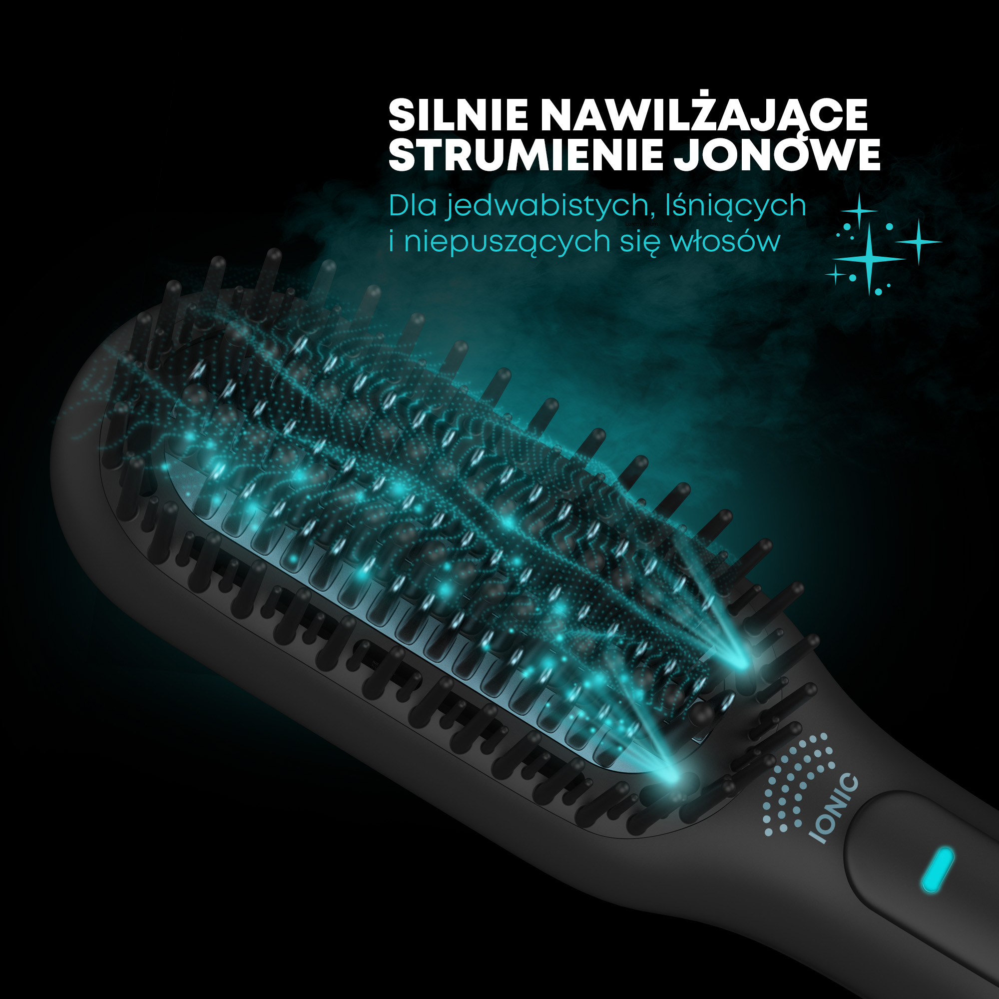Czarna szczotka do prostowania włosów z niebieskim efektem pary jonowej. Tekst: 'Silnie nawilżające strumienie jonowe'.