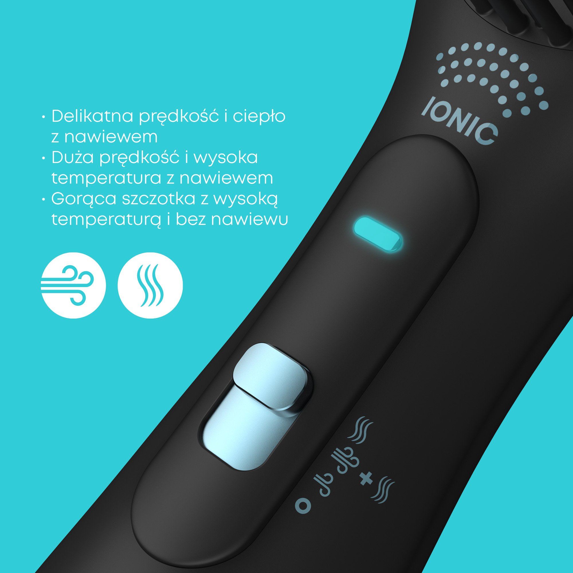 Czarna suszarka do włosów z ustawieniami: delikatna prędkość, duża prędkość i gorąca szczotka, ze znakiem Ionic i niebieskim światłem.