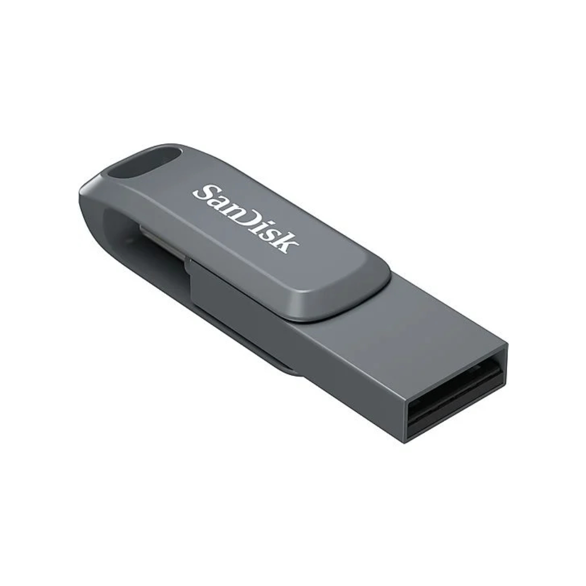 Se muestra una unidad flash USB Sandisk gris sobre un fondo blanco. El logotipo de Sandisk está impreso en la parte superior.