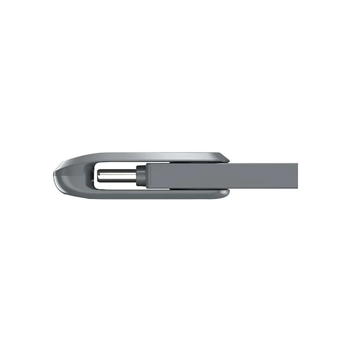 Una unidad flash USB gris sobre fondo blanco. La unidad está horizontal, mostrando el conector y el cuerpo principal.