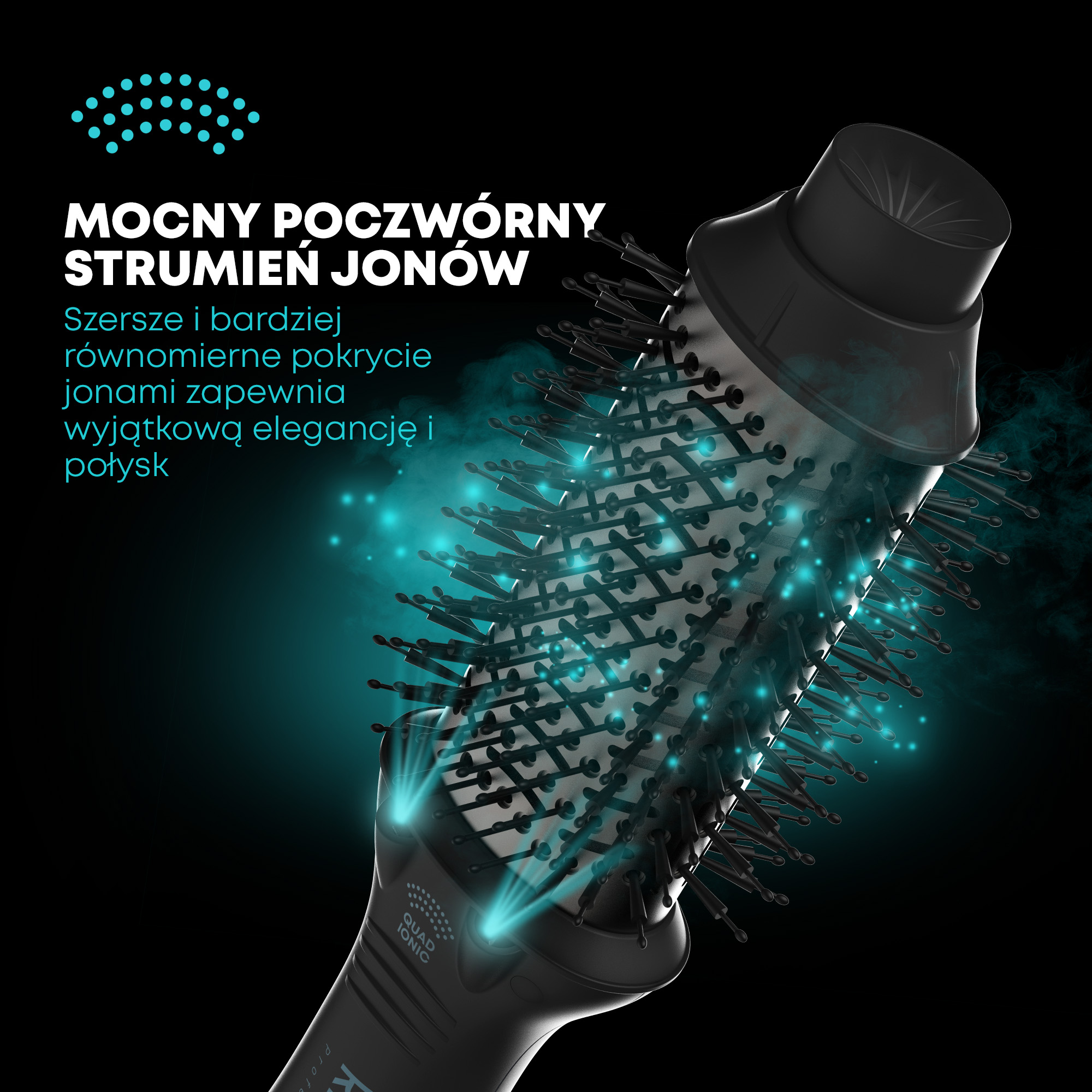 Czarne urządzenie do stylizacji włosów z włosiem. Turkusowe efekty świetlne podkreślają urządzenie. Tekst jest napisany po polsku.