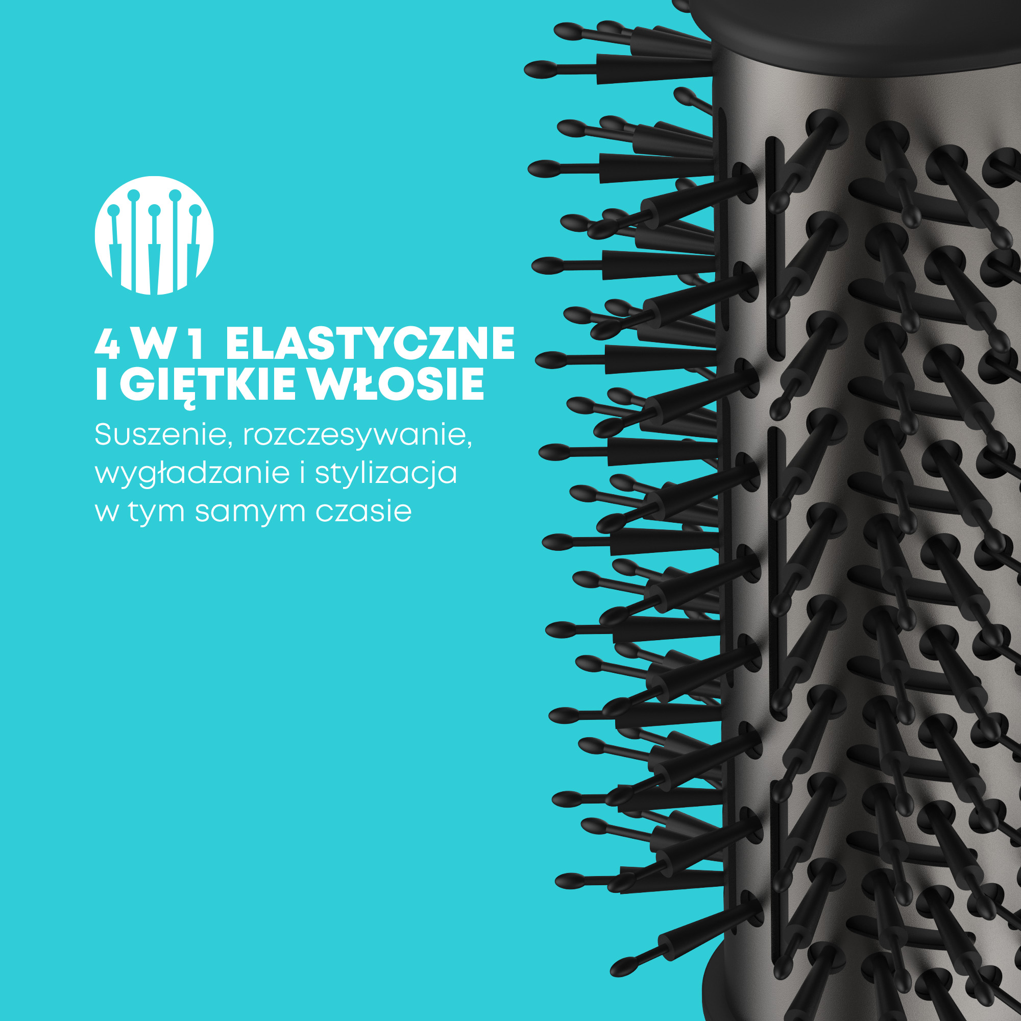 Obraz przedstawia czarną szczotkę do włosów z elastycznym włosiem i turkusowym tłem z białym tekstem opisującym jej cechy.
