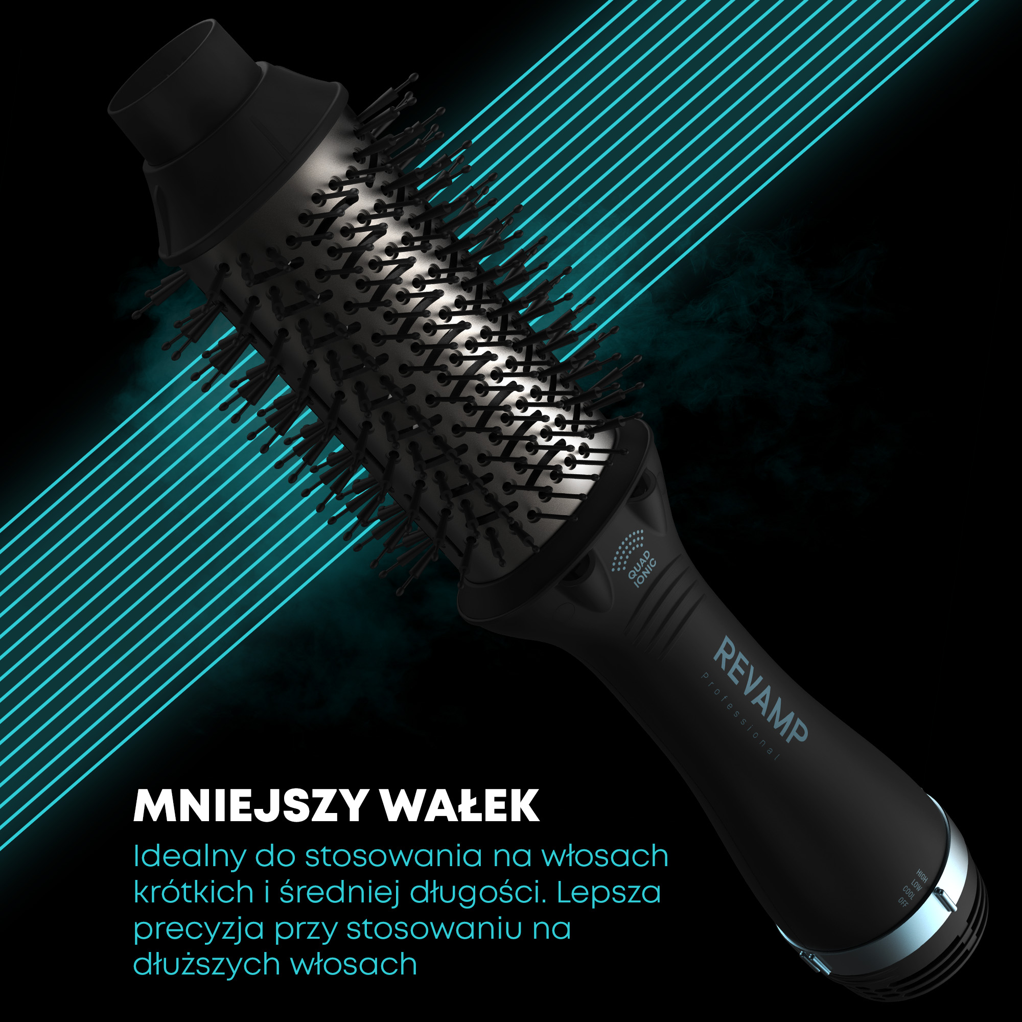Czarna szczotka do stylizacji włosów Revamp. Turkusowe linie na czarnym tle. Tekst: 'Mniejszy wałek'. Idealny do krótkich i średnich włosów.