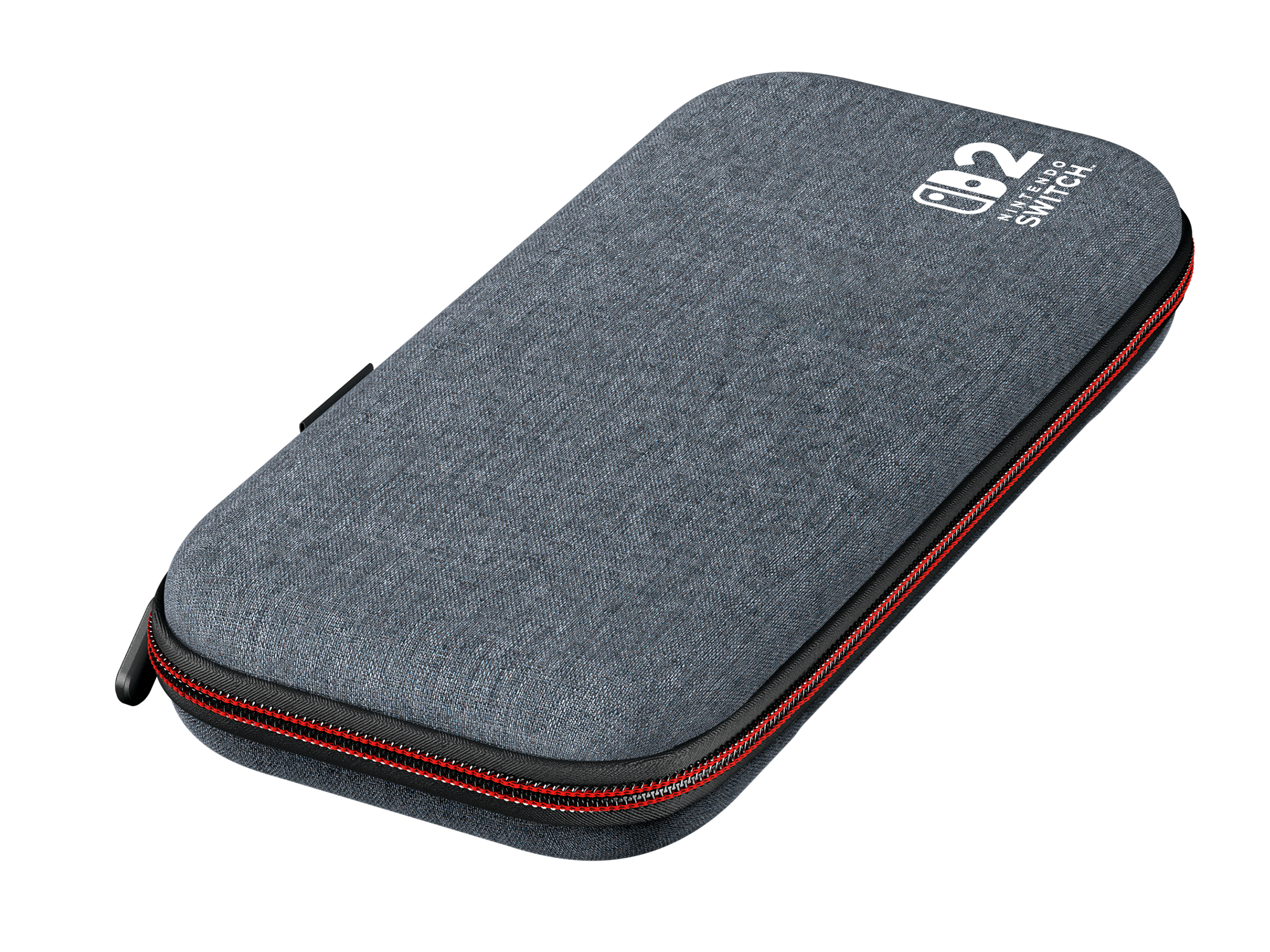 Gri bir Nintendo Switch çantası. Kırmızı vurgulu siyah bir fermuarı var. Nintendo Switch logosu üstte.