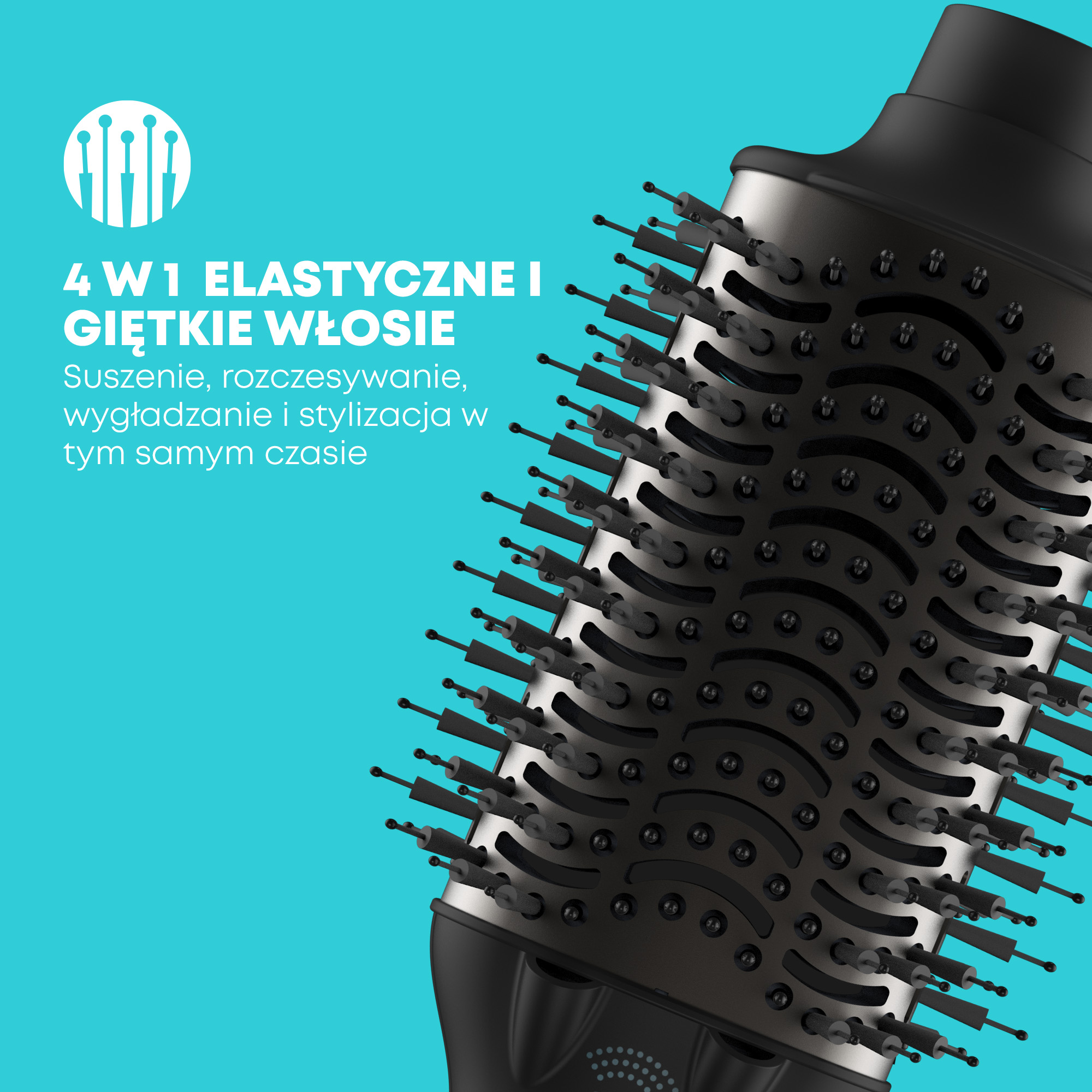 Zbliżenie czarnej szczotki do stylizacji włosów z włosiem. Turkusowe tło z białym tekstem: 4 w 1 elastyczne i elastyczne włosy.