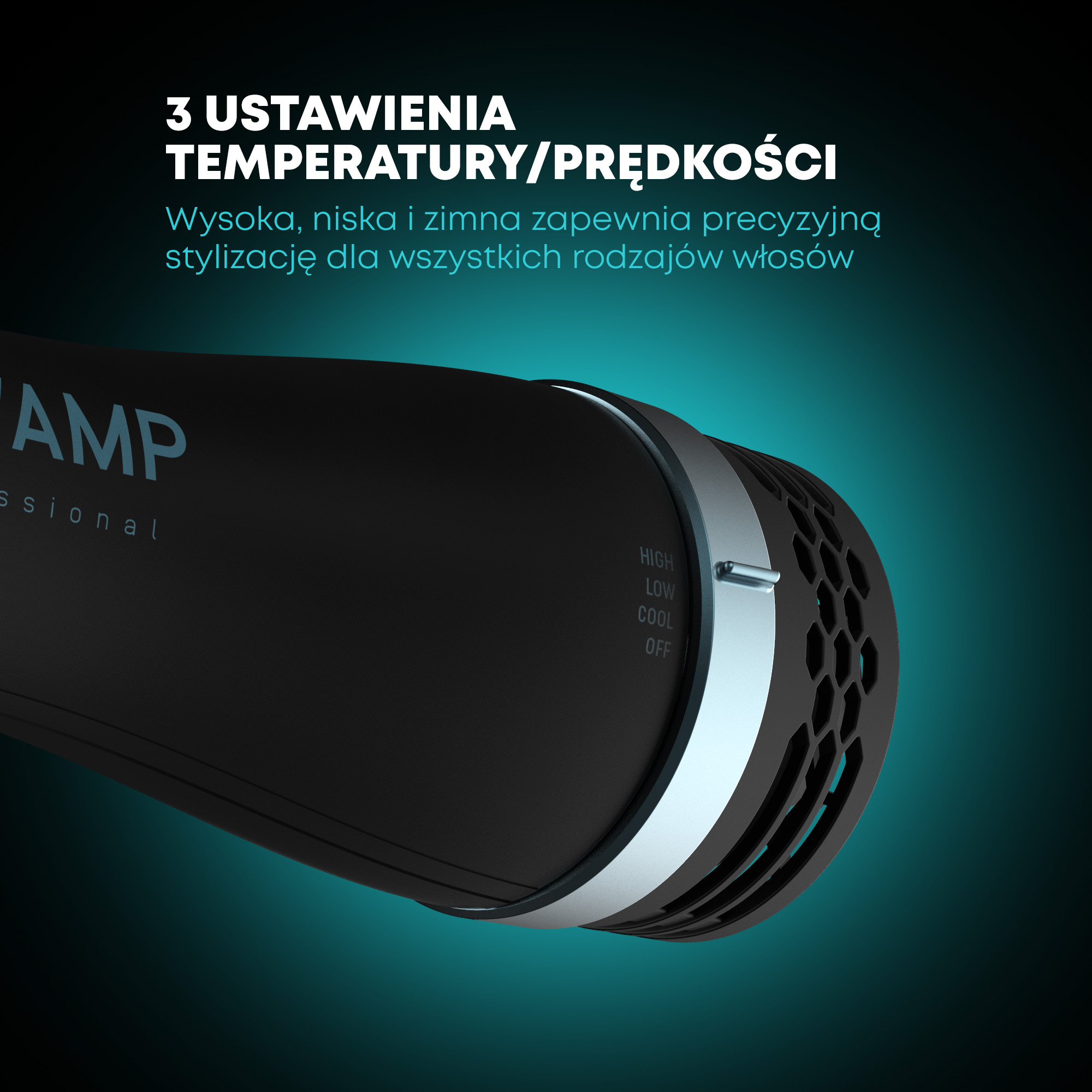 Czarne narzędzie do stylizacji włosów. Posiada ustawienia wysokie, niskie, chłodne i wyłączone. Tło jest niebiesko-czarne.