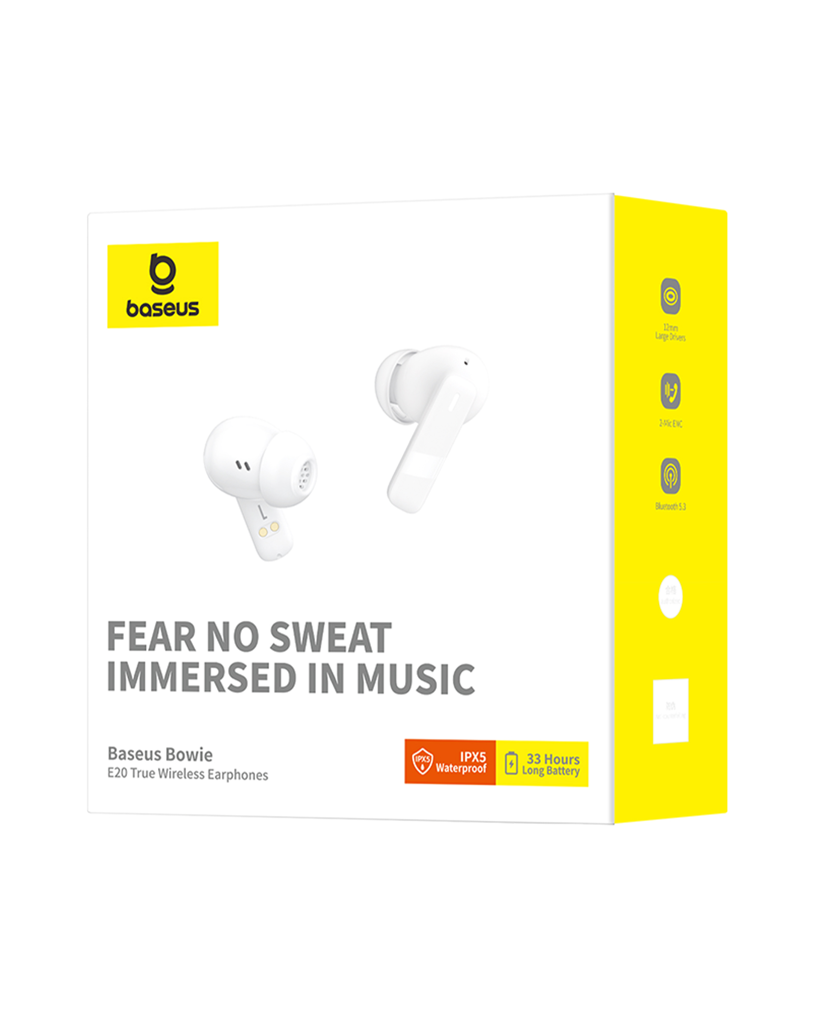 Doboz fehér Baseus fülhallgatókkal. Szöveg: Fear no sweat immersed in music. Jellemzők a jobb oldalon.