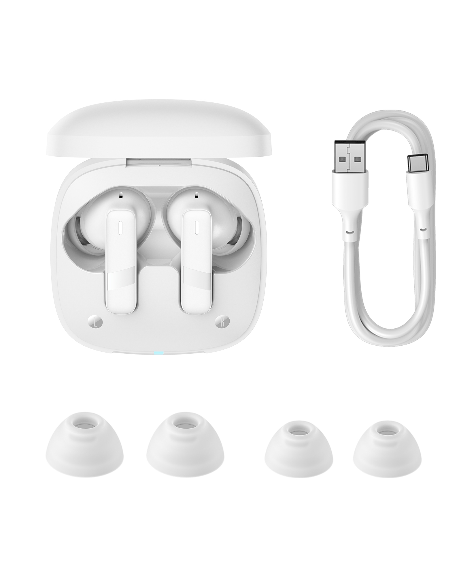 Fehér vezeték nélküli fülhallgató, töltőtok, USB-C kábel és extra fülhallgató-hegyek fehér háttérrel.