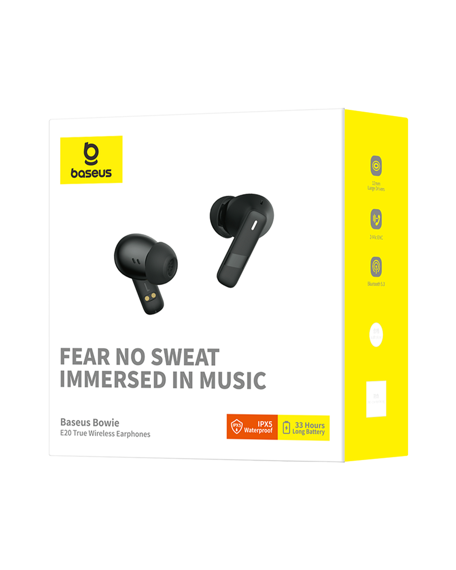 Baseus Bowie E20 fülhallgatók egy dobozon. Fekete fülhallgatók, 'FEAR NO SWEAT, IMMERSED IN MUSIC' felirat. Jellemzők.
