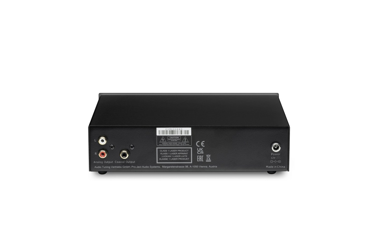 Schwarze Audiokomponente mit Anschlüssen und Beschriftungen auf der Rückseite, einschließlich "Analog Output".