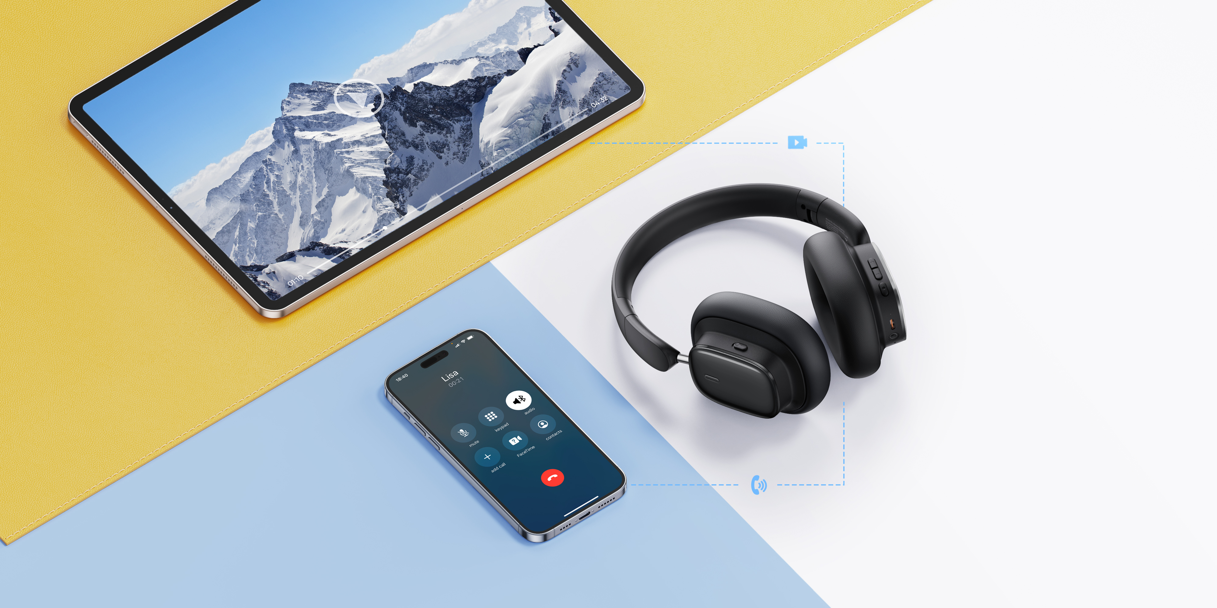 Egy iPad hegyeket jelenít meg, egy telefon egy hívást, a fejhallgató pedig fehér felületen van, sárga és kék háttérrel.
