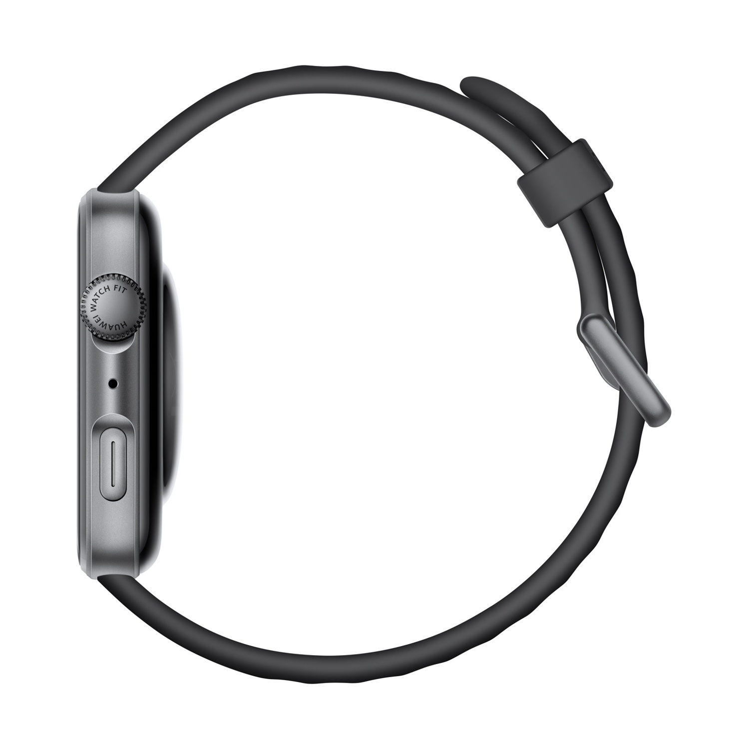 Vista laterale di uno smartwatch argentato con cinturino nero. L'orologio ha un pulsante rotondo e uno rettangolare. Lo sfondo è bianco.