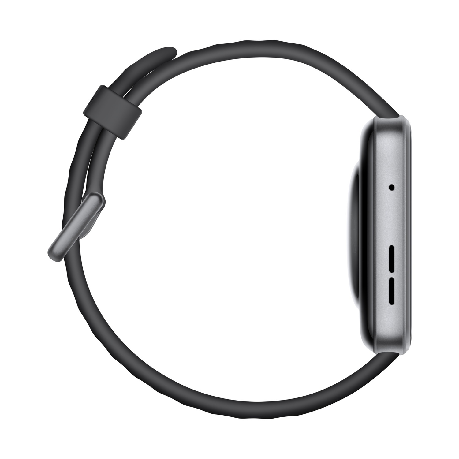 Vista laterale di uno smartwatch con corpo grigio e cinturino nero. Il cinturino è avvolto attorno all'orologio.