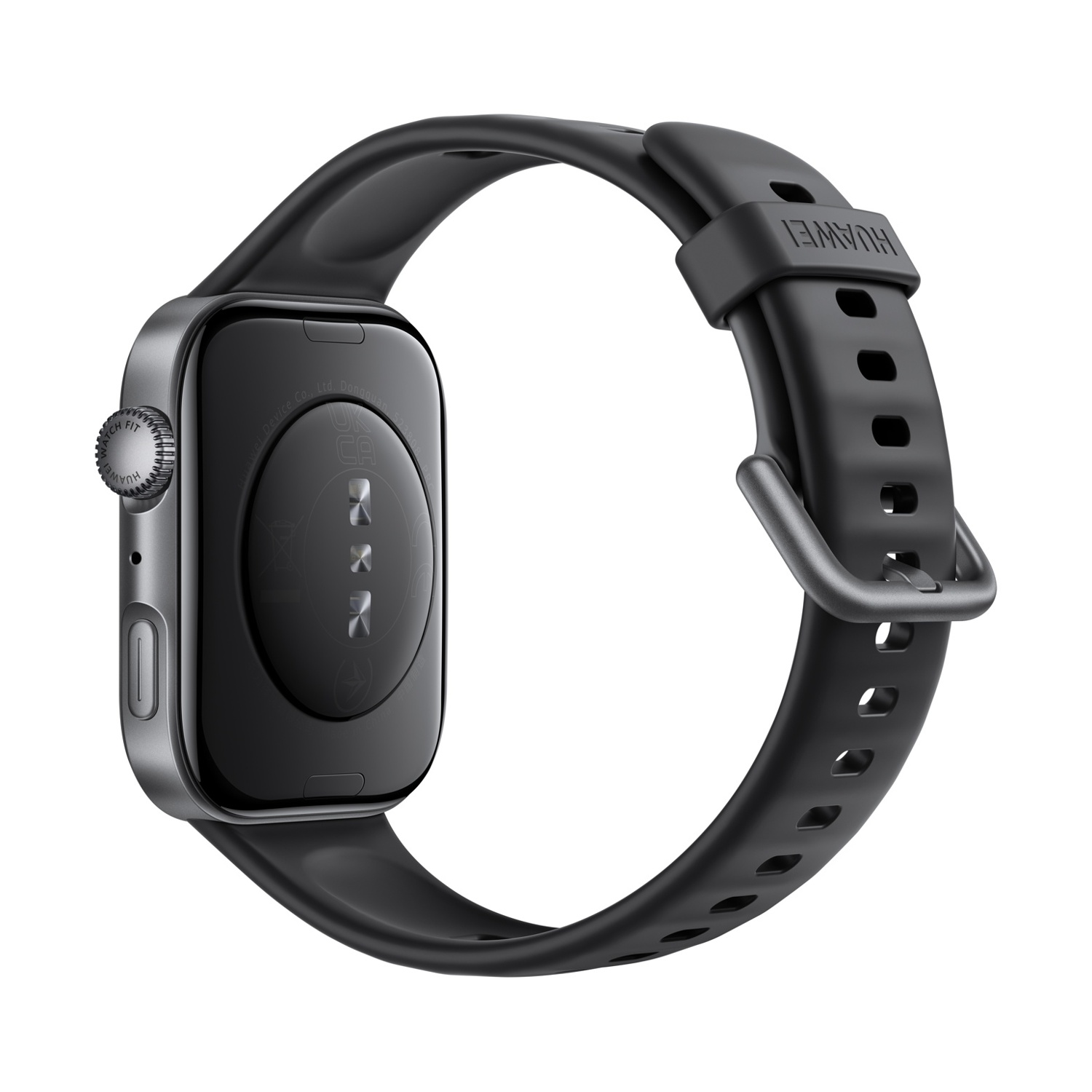 Uno smartwatch Huawei nero con cinturino nero. Il quadrante è scuro, con un pulsante argentato laterale. Il cinturino è staccato.