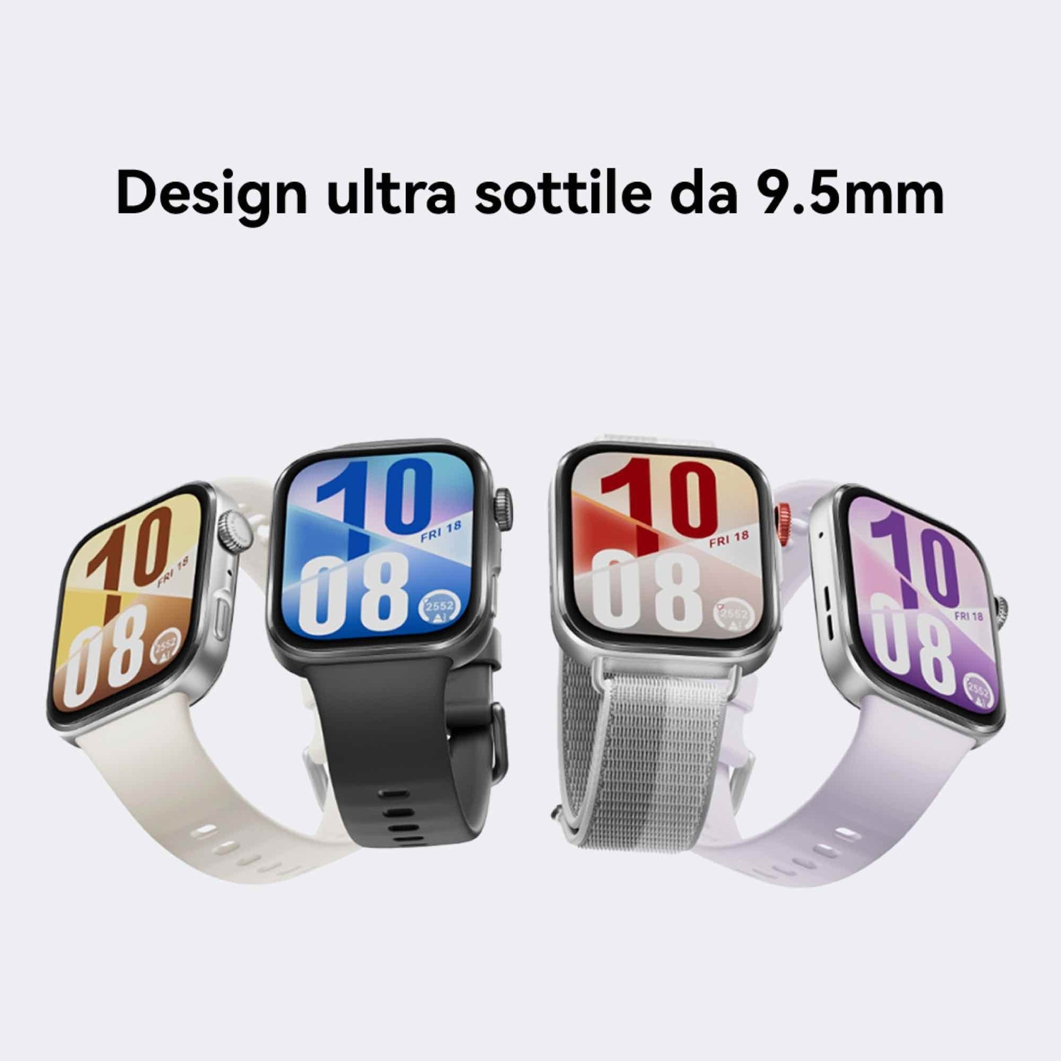 Sono visualizzati quattro smartwatch. Ognuno mostra l'ora 10:08, con vari colori del cinturino: bianco, nero, grigio e lilla.