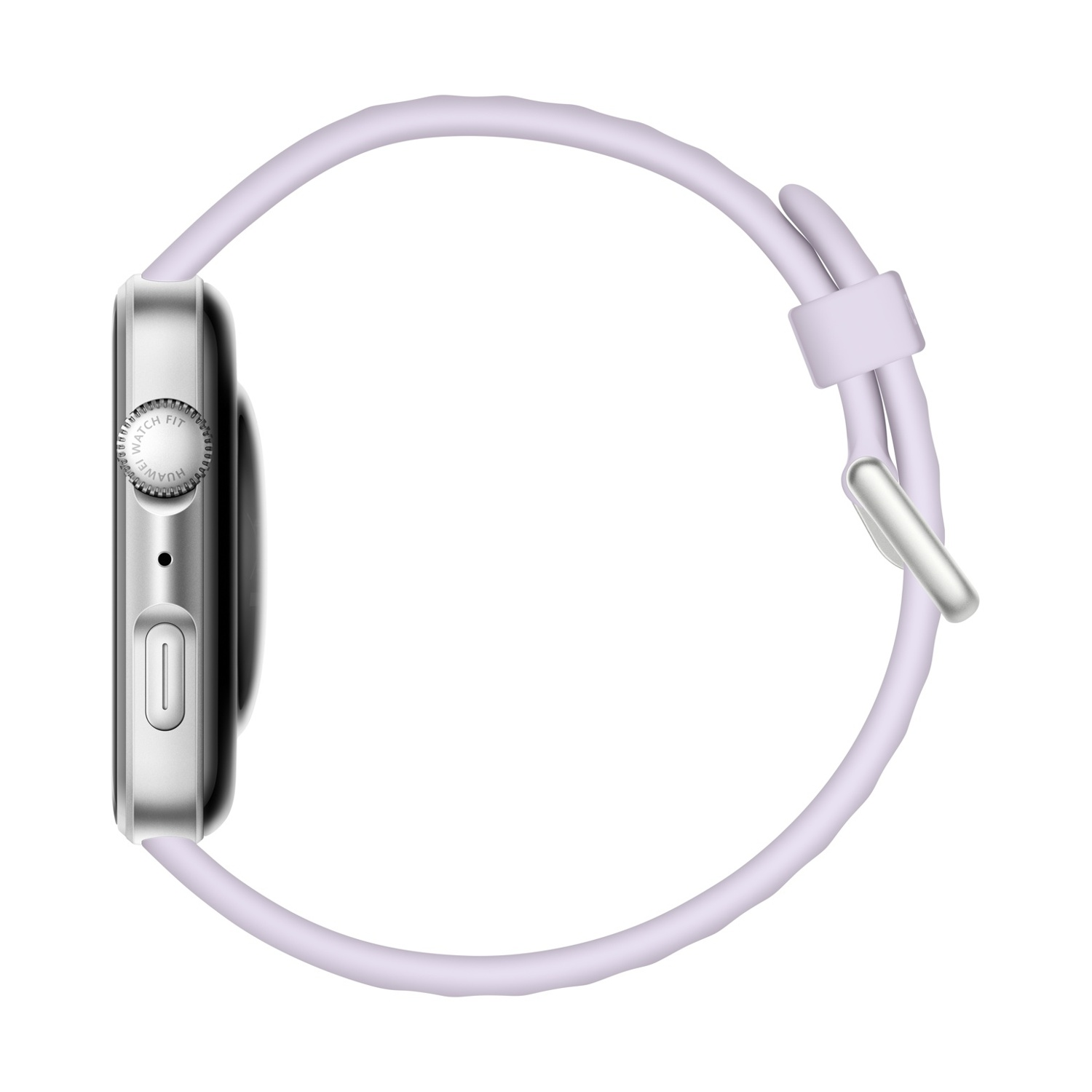Eine Smartwatch mit silbernem Gehäuse und helllila Armband. Das Zifferblatt ist schwarz. Der Riemen wird mit einer silbernen Schnalle befestigt.