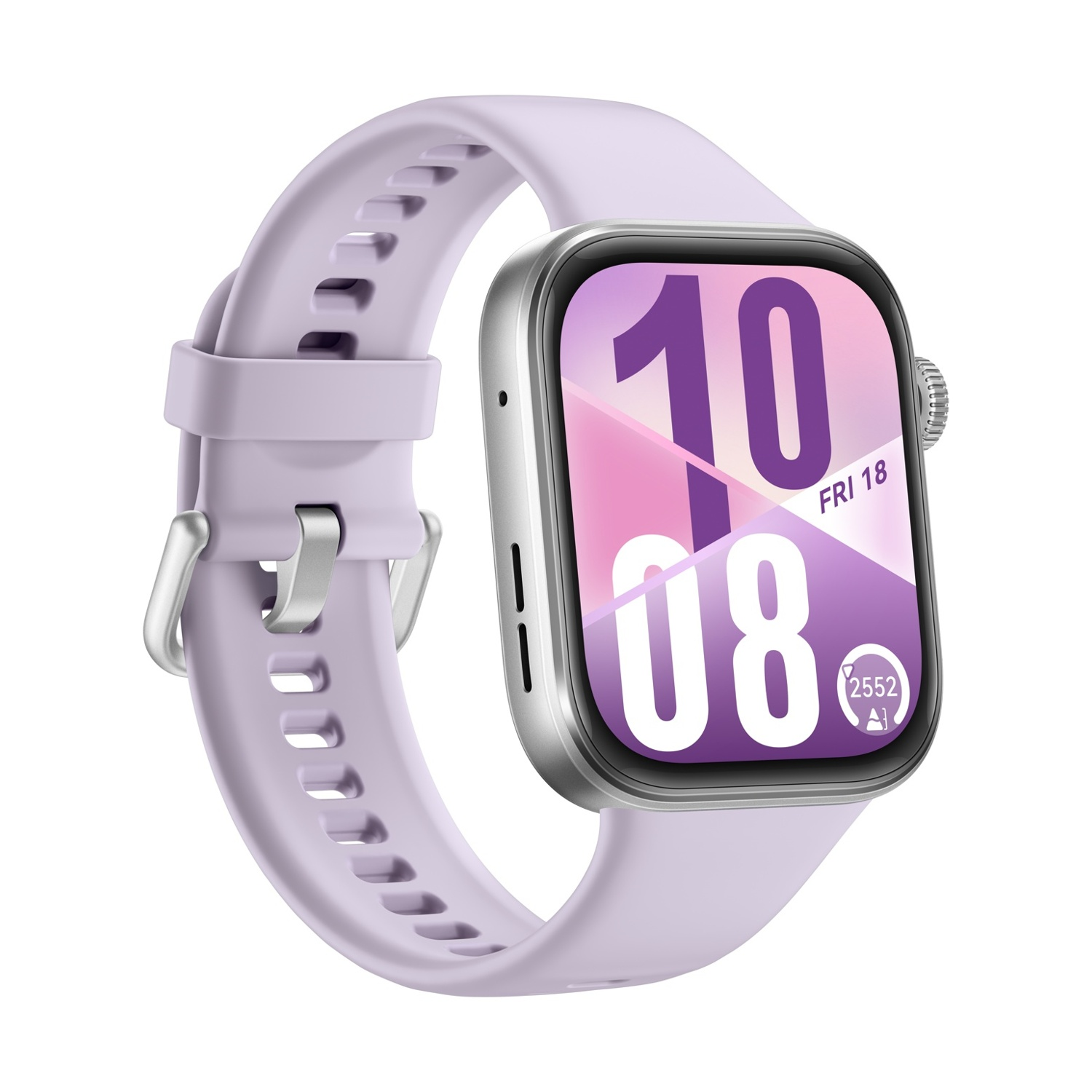 Eine lavendelfarbene Smartwatch zeigt 10:08, Fr. 18. Sie hat einen silbernen Rahmen und ein lavendelfarbenes Armband. Der Hintergrund ist weiß.
