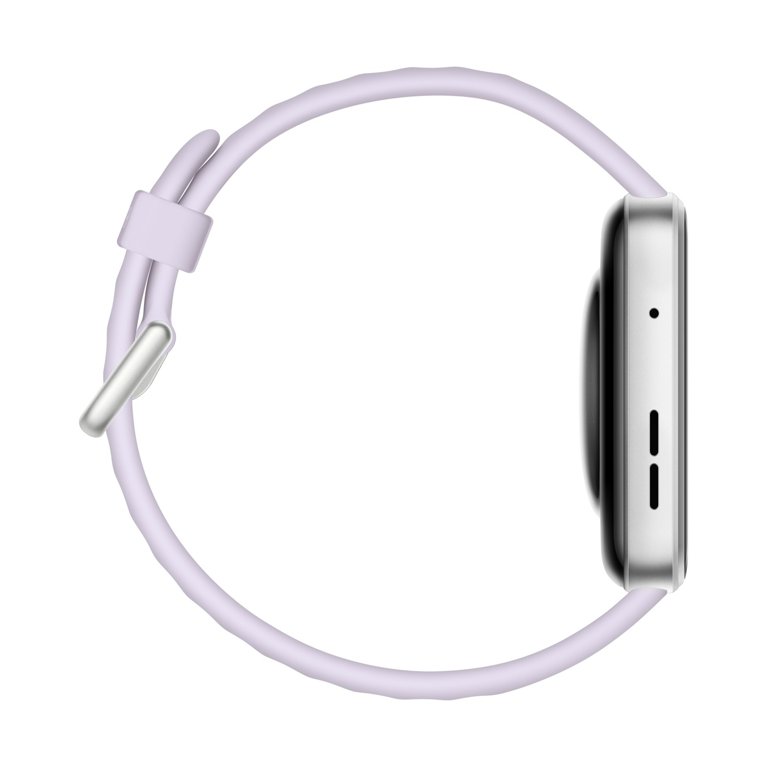 Eine hellviolette Smartwatch mit silbernem Gehäuse. Die Uhr ist kreisförmig, mit einem Armband, das sich umschließt. Der Hintergrund ist weiß.