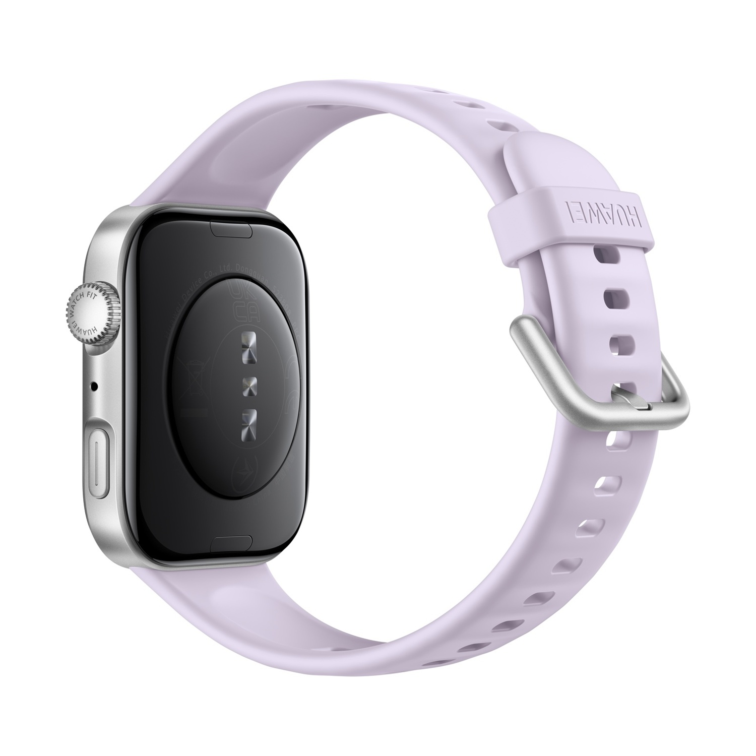 Eine silberne Huawei-Smartwatch mit einem lavendelfarbenen Armband. Das Zifferblatt ist schwarz. Der Riemen ist mit einer Metallschnalle verbunden.