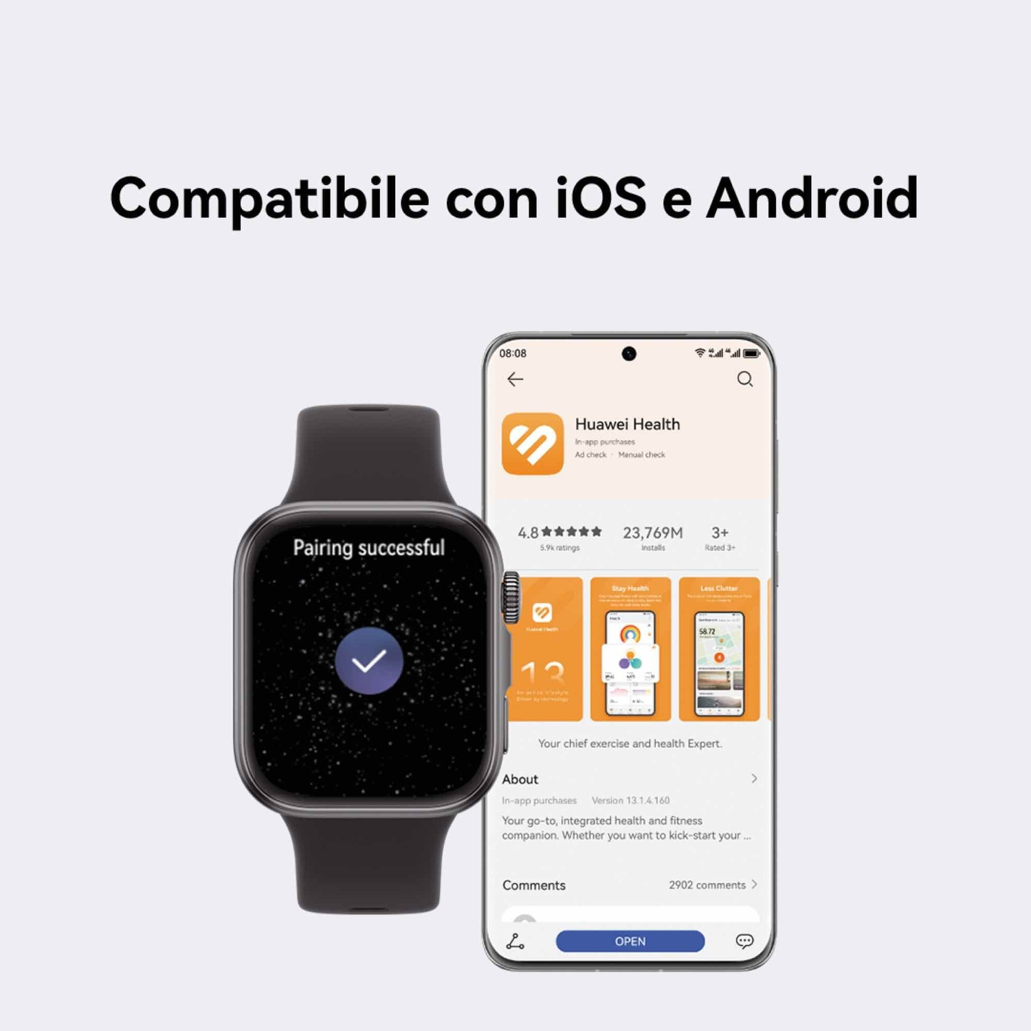 Uno smartwatch mostra 'Pairing successful'. Accanto, un telefono mostra l'app Huawei Health. Il testo 'Compatibile con iOS e Android' è sopra.