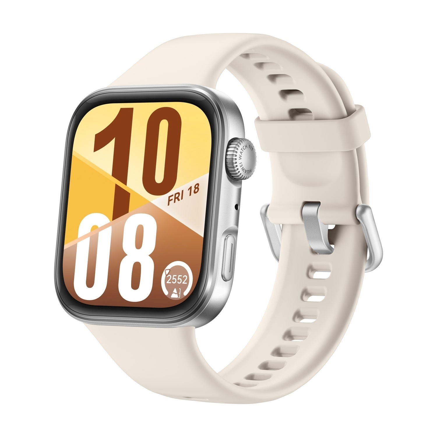 Uno smartwatch con cinturino beige chiaro. Lo schermo mostra l'ora 10:08 di venerdì 18. L'orologio è argentato.