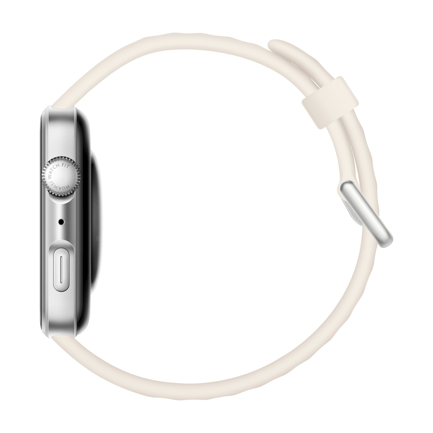 Uno smartwatch argentato con cinturino color crema è mostrato di lato. L'orologio ha un pulsante e uno schermo, su sfondo bianco.