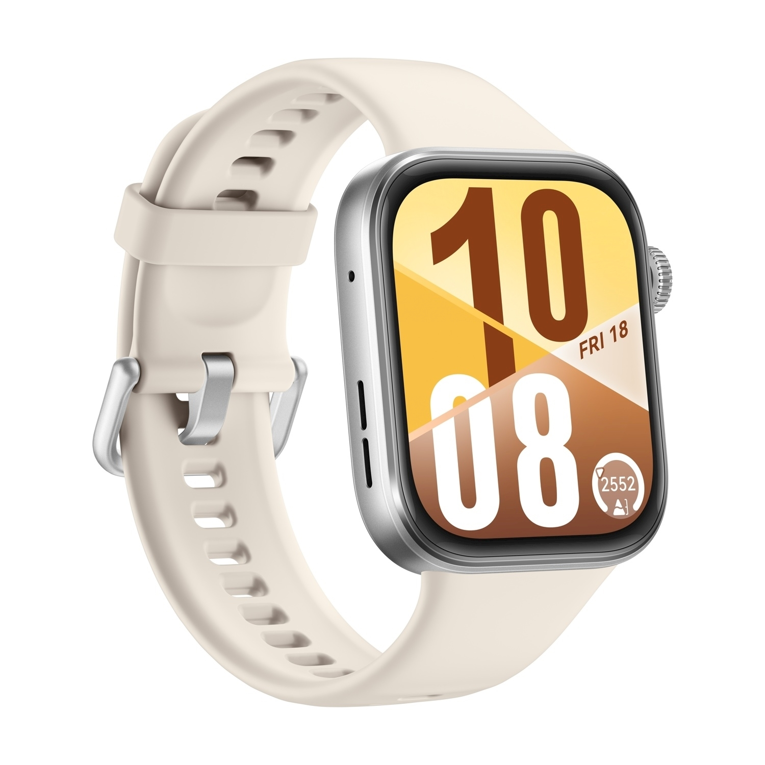 Uno smartwatch color crema mostra l'ora 10:08. L'orologio ha una cornice argentata e un cinturino color crema.