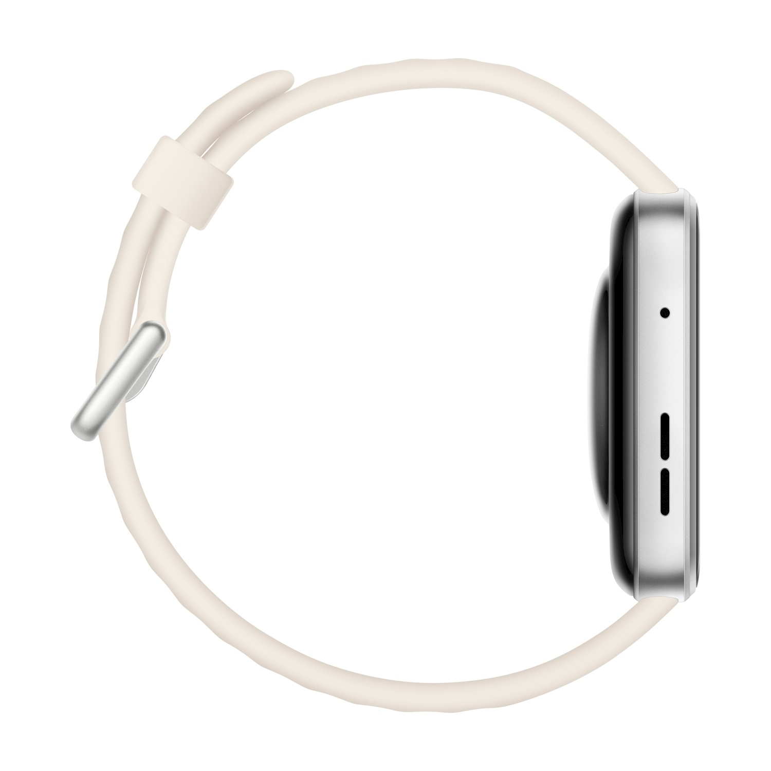 Vista laterale di uno smartwatch. Ha una cassa argentata, uno schermo nero e un cinturino color crema.