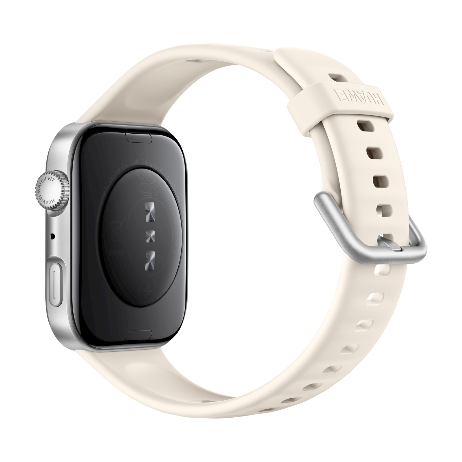 Uno smartwatch bianco con schermo nero, cinturino chiaro e fibbia argentata. 'HUAWEI' visibile sul cinturino.